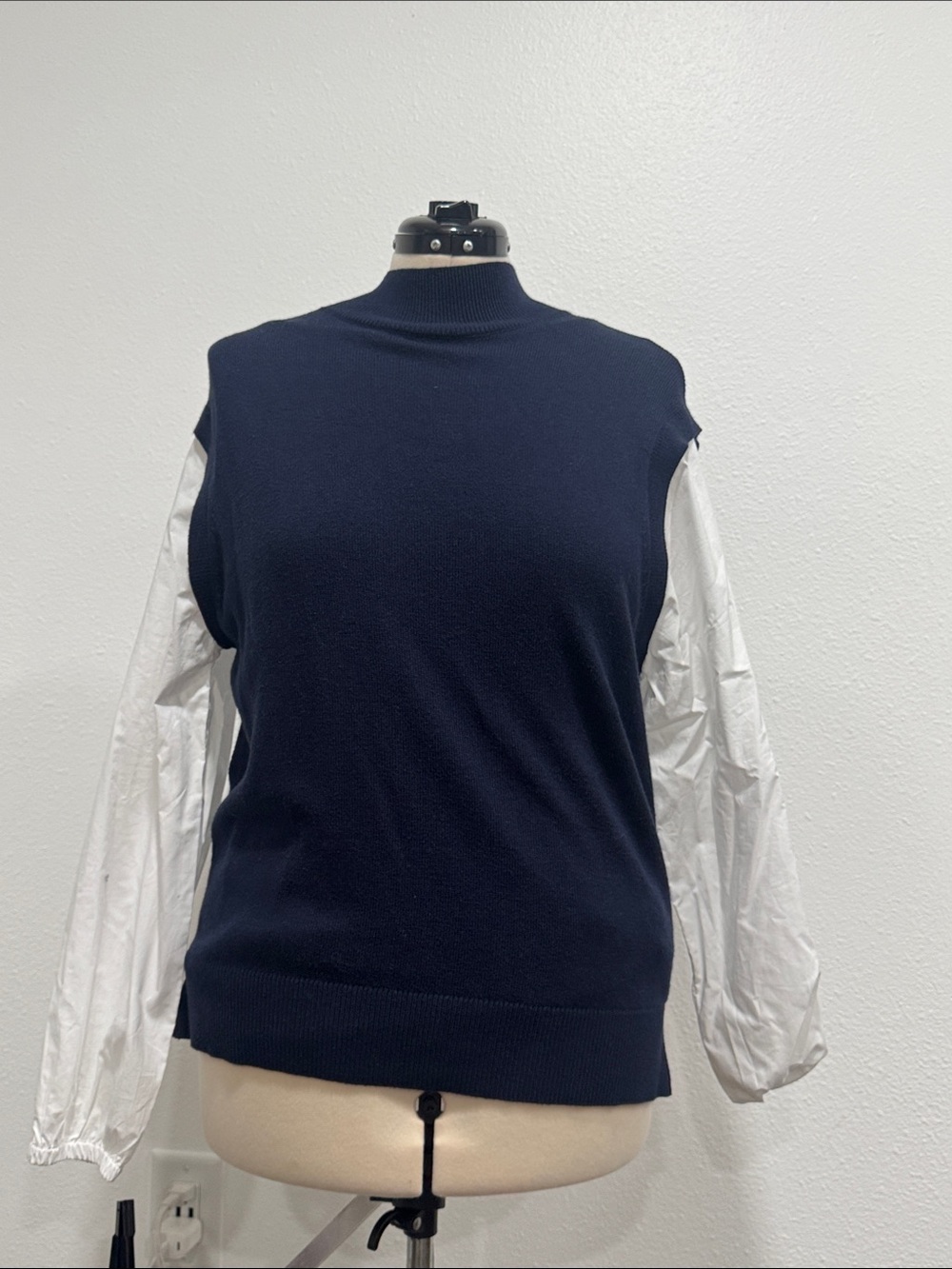 LOFT Navy Blue Sleeveless Sweater Shell with White Attached Long Sleeve Shirt
